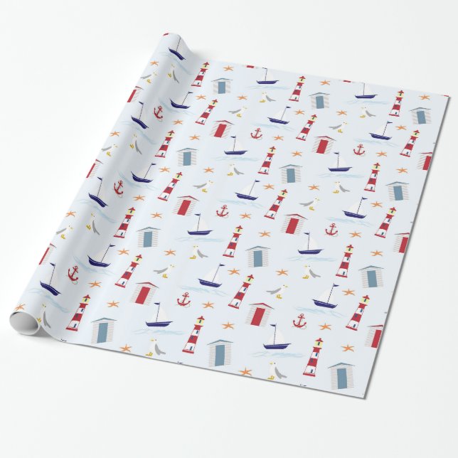Lighthouse Sailboat Starfish Nautical Baby Shower Wrapping Paper (Unrolled)