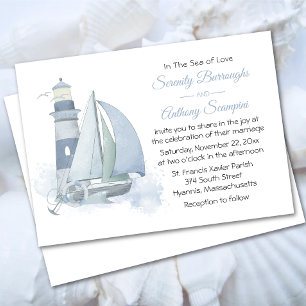 Lighthouse Sailboat Watercolor Nautical Wedding Invitation