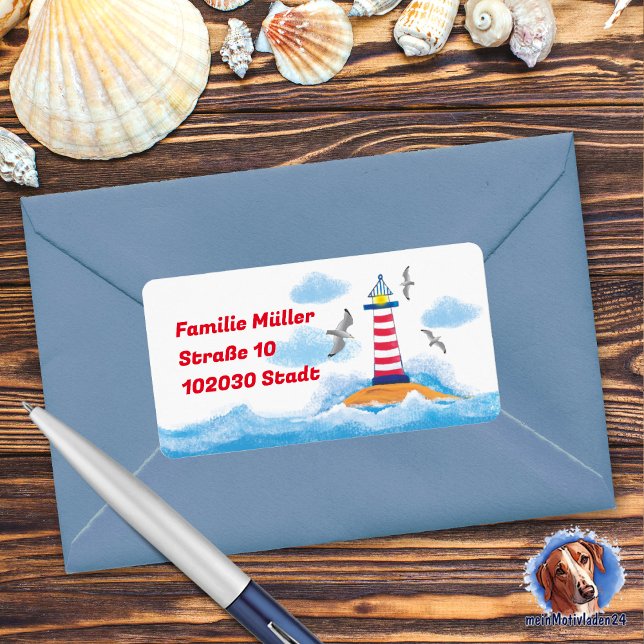 lighthouse & seagulls - hand painting | maritime label (maritimer Adressaufkleber mit Leuchtturm und Möwen, Motiv liebevoll mit Acrylfarben handgemalt)