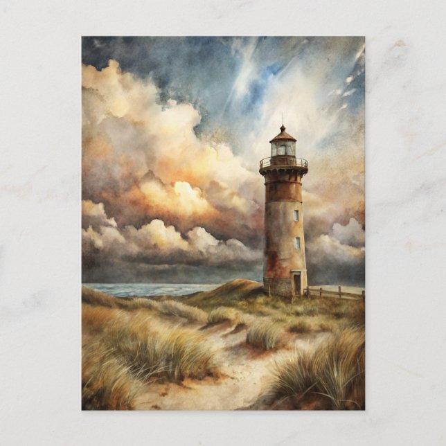Lighthouse Seashore Coastal Watercolor Painting Postcard (Front)