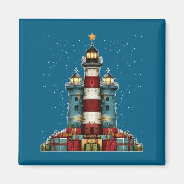 Lighthouse Seaside Christmas Tree Xmas Long Sleeve Magnet (Front)