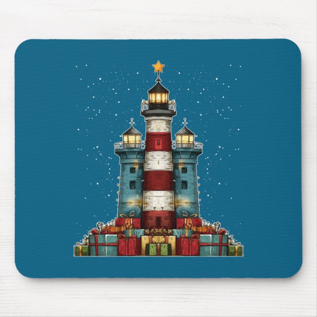 Lighthouse Seaside Christmas Tree Xmas Long Sleeve Mouse Pad (Front)