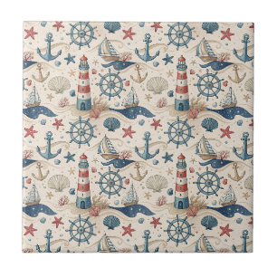 Lighthouse, Ship & Anchor Nautical Coastal Sea Art Ceramic Tile