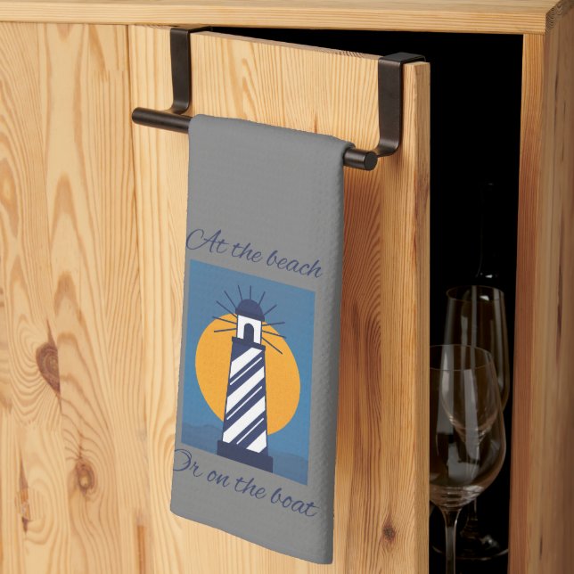 Lighthouse Sign with Beach & Boat Statements Tea Towel (Thirds Fold)