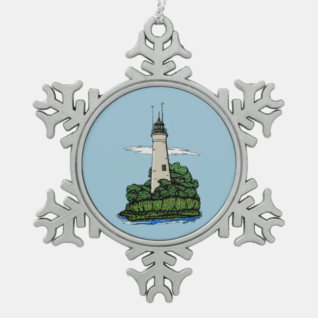 Lighthouse Snowflake Pewter Christmas Ornament (Front)