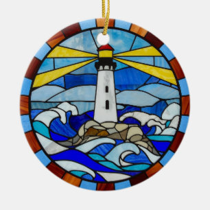 Lighthouse Stained Glass Design Ceramic Ornament