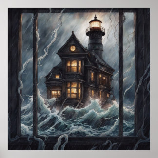 Lighthouse Stormy Night Poster