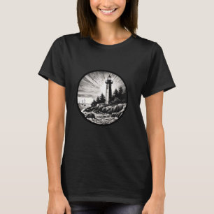 Lighthouse Summer Sunset Sailboat Sail Art Sea Oce T-Shirt