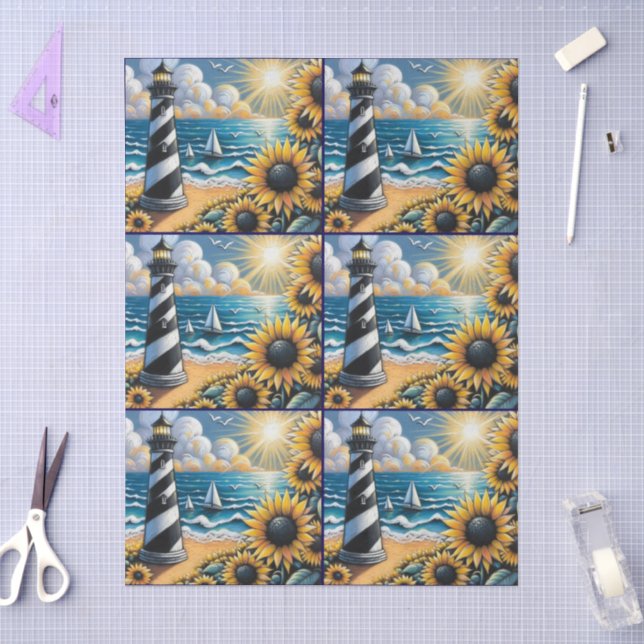 Lighthouse Sunflowers Nautical Decoupage  Tissue Paper (Craft)