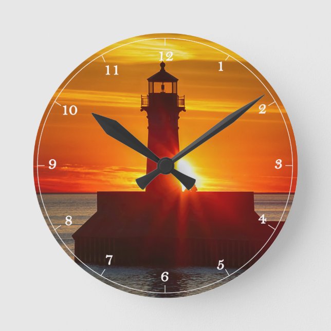 Lighthouse Sunrise Duluth Minnesota Lake Superior Round Clock (Front)