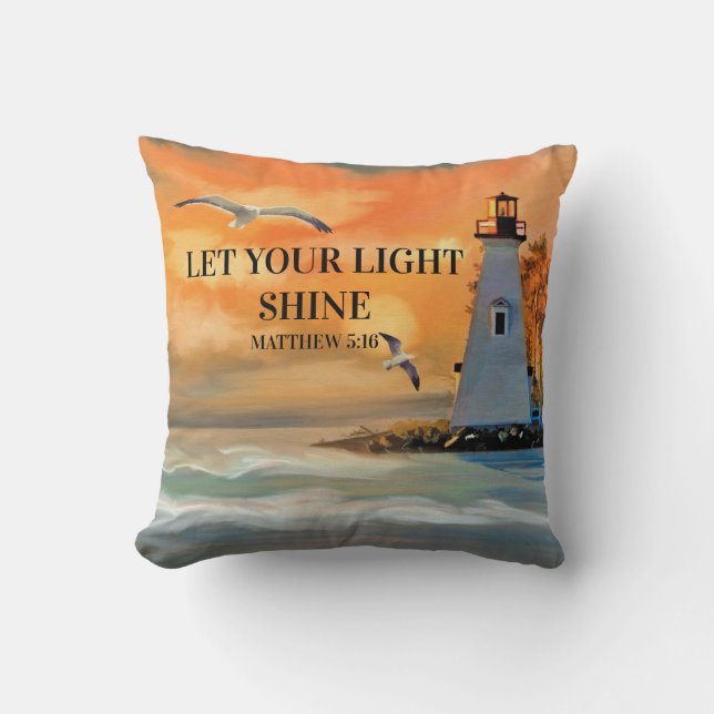 Lighthouse Sunset Bible Verse Let Light Shine Cushion (Front)