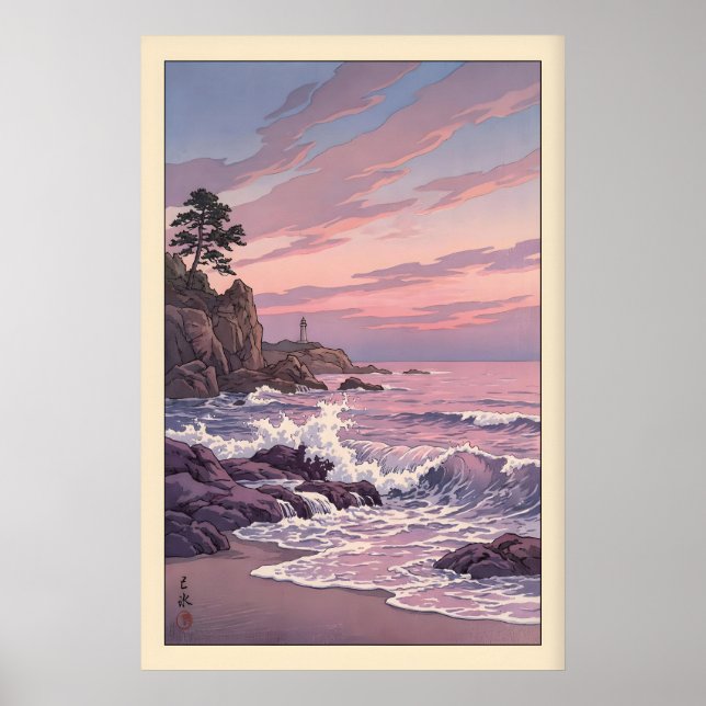 Lighthouse Sunset Print Muted Blue and Pink (Front)