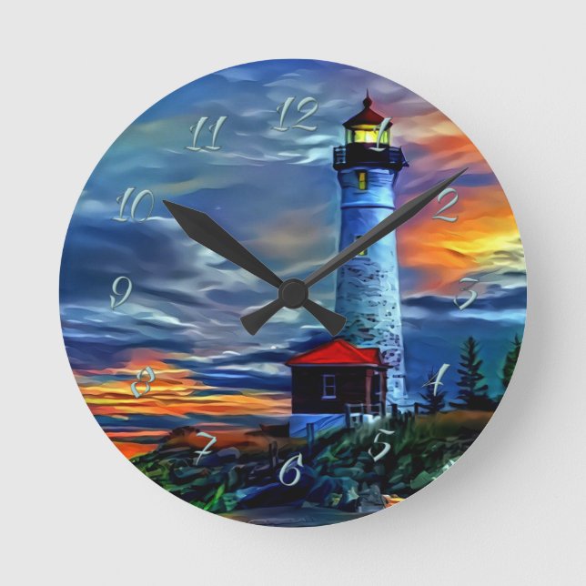 Lighthouse Sunset Round Clock (Front)