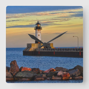 Lighthouse Sunset Square Wall Clock