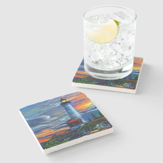 Lighthouse Sunset Stone Coaster (Side)