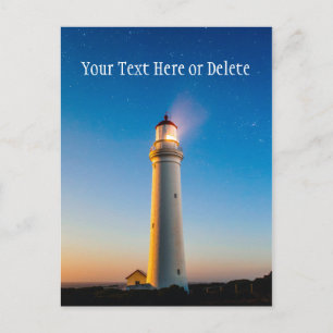 Lighthouse Sunset Under Starry Blue Twilight Sky Postcard