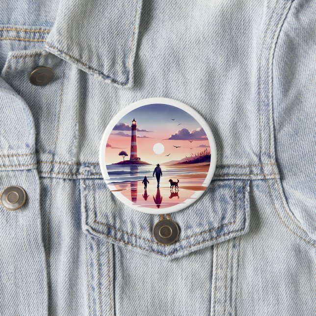 Lighthouse Sunset Walk Coastal Scene 7.5 Cm Round Badge (In Situ)