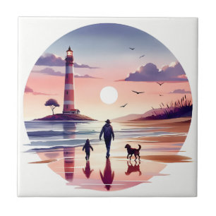 Lighthouse Sunset Walk Coastal Scene Ceramic Tile