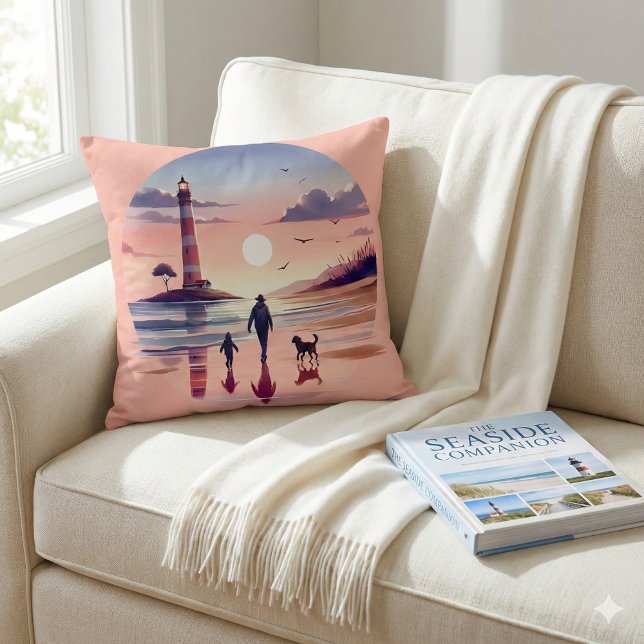 Lighthouse Sunset Walk Coastal Scene Cushion (Lighthouse Sunset Walk Coastal Scene Throw Pillow Mockup A)