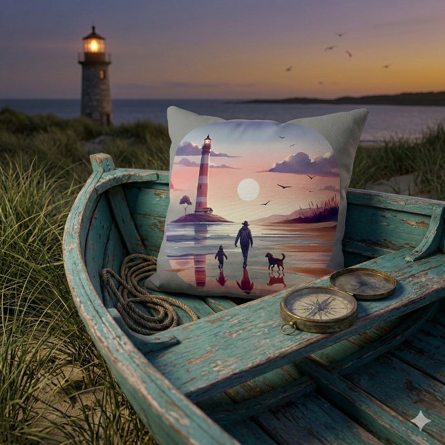 Lighthouse Sunset Walk Coastal Scene Cushion (Lighthouse Sunset Walk Coastal Scene Throw Pillow Mockup C)