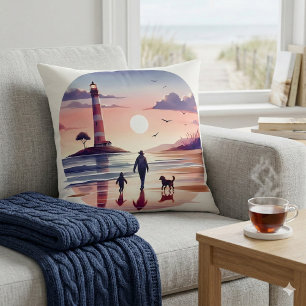 Lighthouse Sunset Walk Coastal Scene Cushion