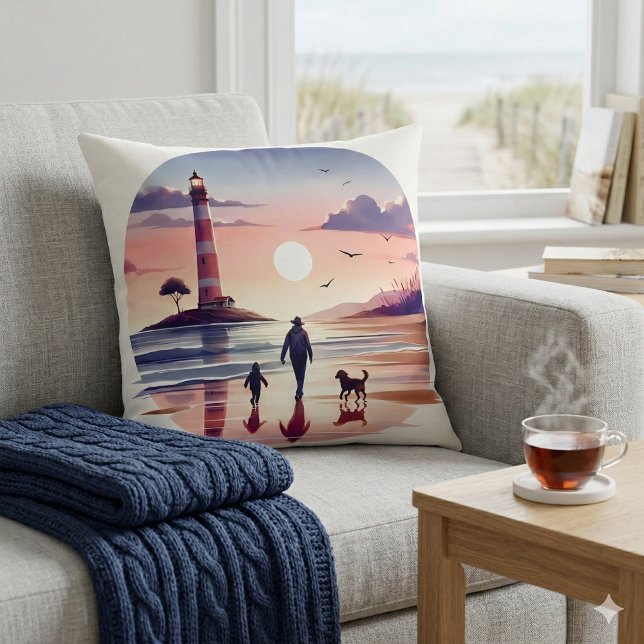 Lighthouse Sunset Walk Coastal Scene Cushion (Lighthouse Sunset Walk Coastal Scene White Throw Pillow Mockup A)