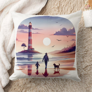 Lighthouse Sunset Walk Coastal Scene Cushion