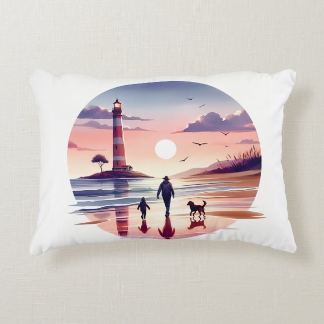 Lighthouse Sunset Walk Coastal Scene Decorative Cushion (Front)