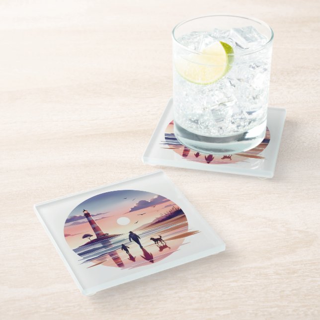 Lighthouse Sunset Walk Coastal Scene Glass Coaster (Angled)