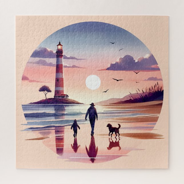Lighthouse Sunset Walk Coastal Scene Jigsaw Puzzle (Vertical)