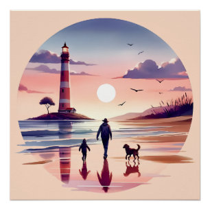Lighthouse Sunset Walk Coastal Scene Poster