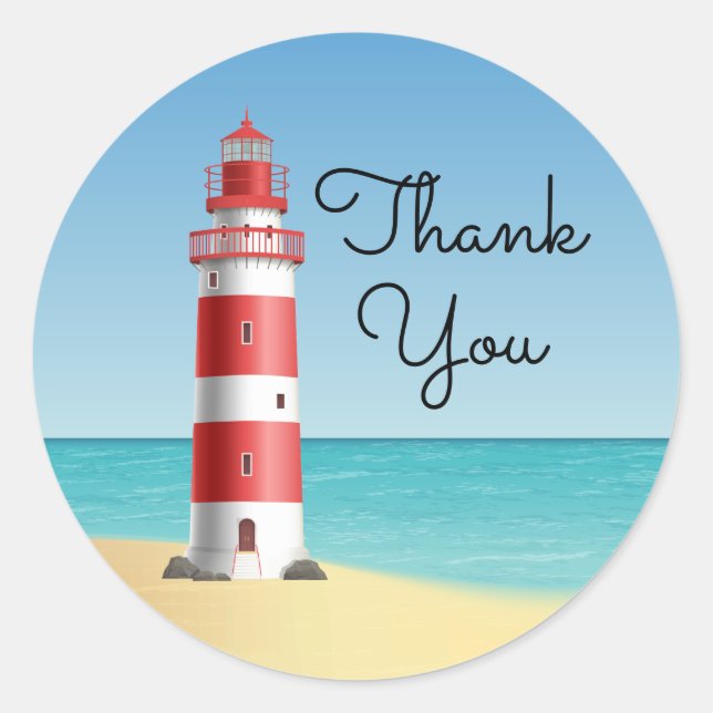 Lighthouse Thank You Beach Wedding Ocean Beach Classic Round Sticker (Front)