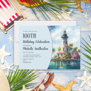 Lighthouse Tropical Beach Ocean Palm Trees 100th  Invitation