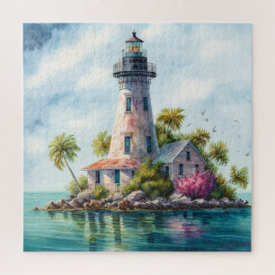 Lighthouse Tropical Beach Palm Trees  Jigsaw Puzzle