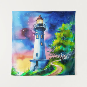 Lighthouse Under a Starry Sky Tapestry