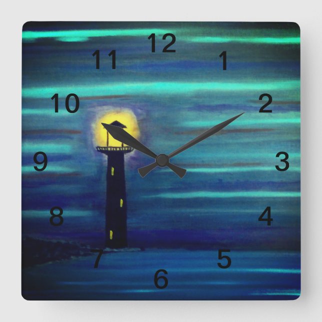 Lighthouse Under The Moon Square Wall Clock (Front)