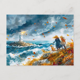 Lighthouse View in Autumn Storm from Cliff Holiday Postcard