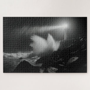 Lighthouse Vigil Over Stormy Seas Monochrome Art Jigsaw Puzzle