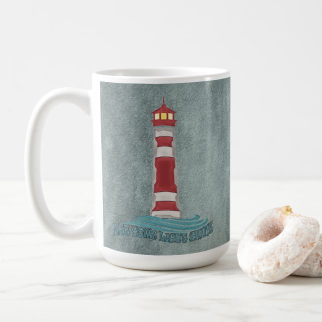 Lighthouse Waves Let Your Light Sine BlueT-Shirt Coffee Mug (With Donut)