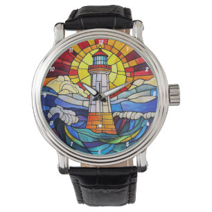 Lighthouse Waves Sunset Stained Glass Watch
