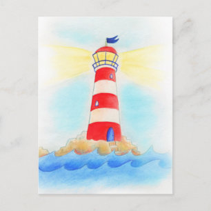 Lighthouse whimsical watercolor postcard