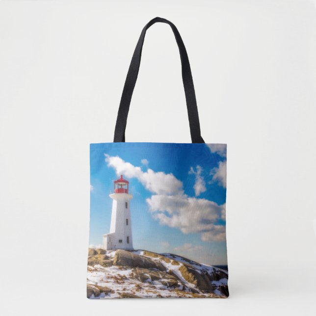 Lighthouse | Winter In Peggy'S Cove, Nova Scotia Tote Bag (Front)