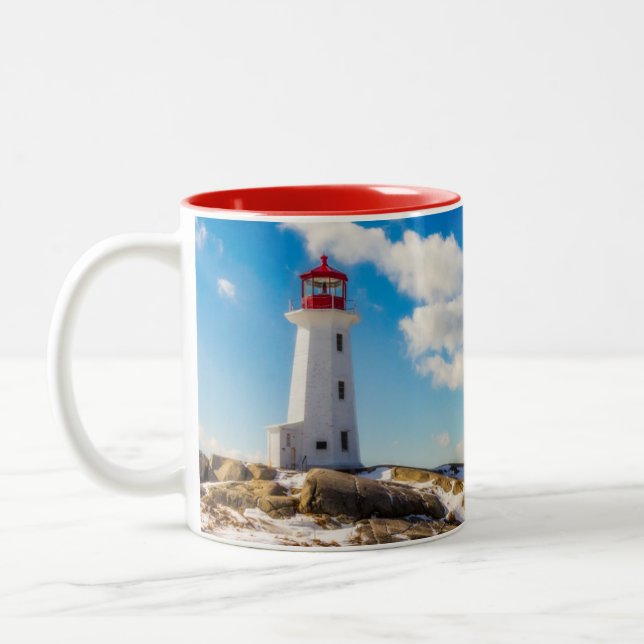 Lighthouse | Winter In Peggy'S Cove, Nova Scotia Two-Tone Coffee Mug (Left)