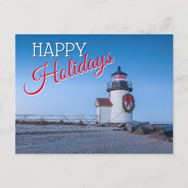 Lighthouse with a Christmas Wreath Holiday Postcard (Front)