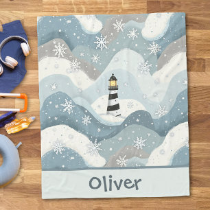 Lighthouse with Icy Waves & Snowflakes Nautical Fleece Blanket