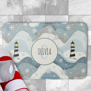 Lighthouse with Icy Waves Winter Nautical Monogram Bath Mat