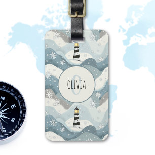 Lighthouse with Icy Waves Winter Nautical Monogram Luggage Tag