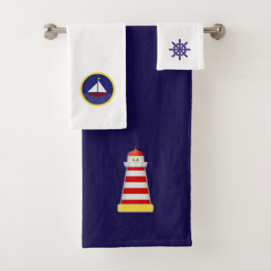 Lighthouse, Yacht &  Helm on Navy blue & White Bath Towel Set