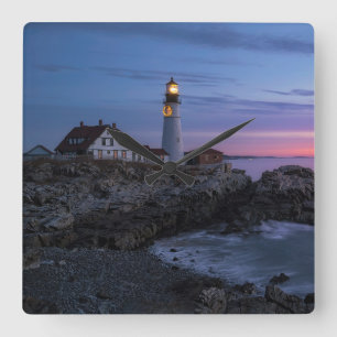 Lighthouses   Cape Elizabeth Maine Lighthouse Square Wall Clock