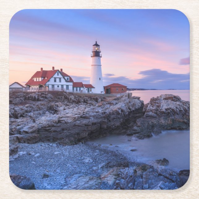 Lighthouses | Cape Elizabeth, Maine Square Paper Coaster (Front)